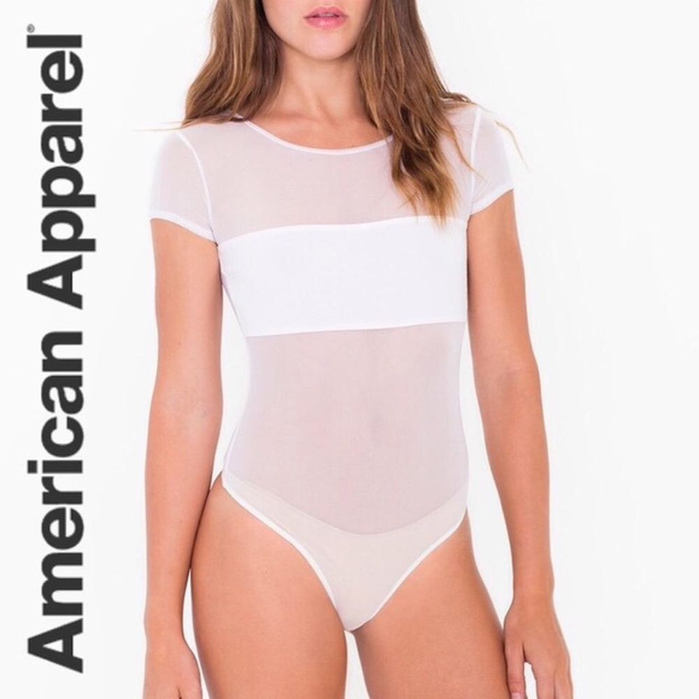 American Apparel White Sheer-Panel Short Sleeve Bodysuit